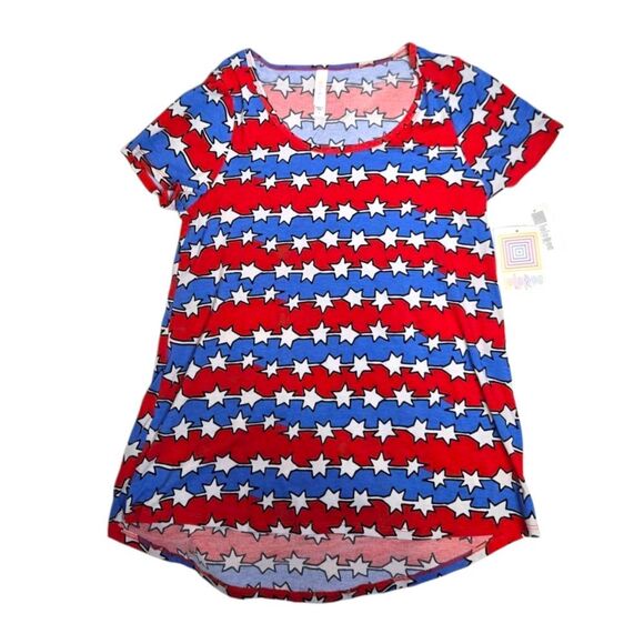 NEW LulaRoe Irma red white and blue stars 4th of July short sleeve tee shirt S - Picture 1 of 8